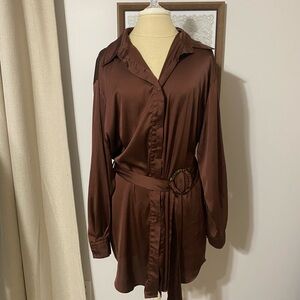 White Fox Boutique Brown Satin Long Sleeve Dress